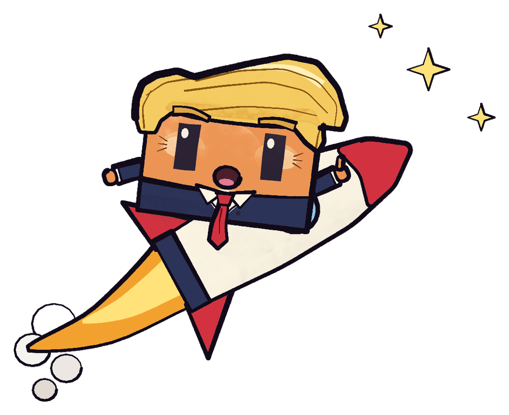 Donawld riding a red and white rocket up and to the right, sparkles ahead of him